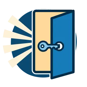 A key opens a door and light pours out: accessibility unlocks lasting advantage.